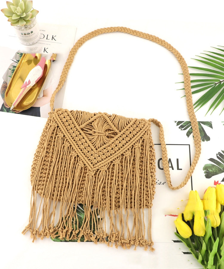 Hand-tied Cotton Tassel Flip Straw One Shoulder Crossbody Woven Bag