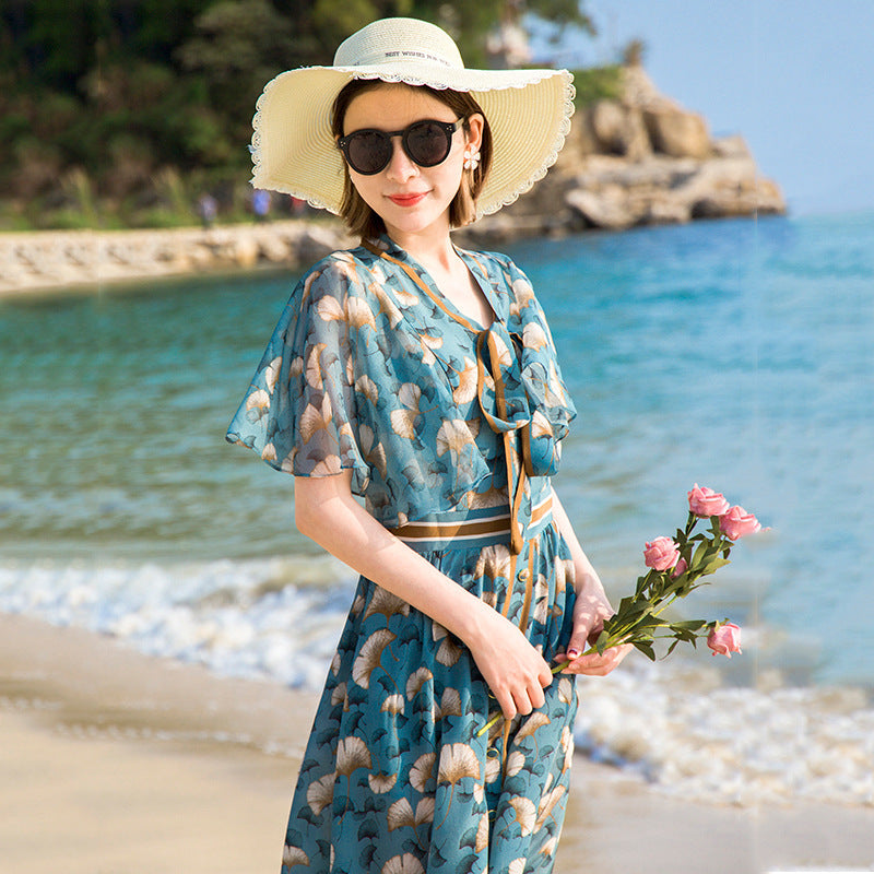 Silk Dress Female New French Style Elegant Floral Waist Silk A-line Long Skirt