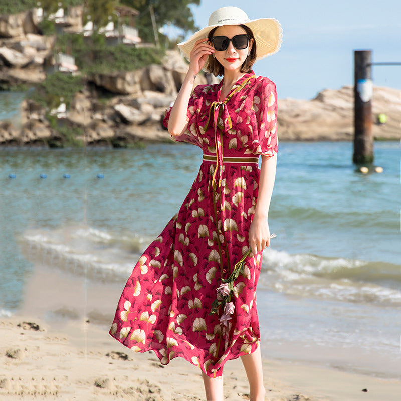 Silk Dress Female New French Style Elegant Floral Waist Silk A-line Long Skirt