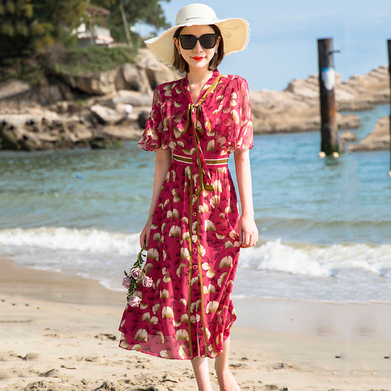 Silk Dress Female New French Style Elegant Floral Waist Silk A-line Long Skirt