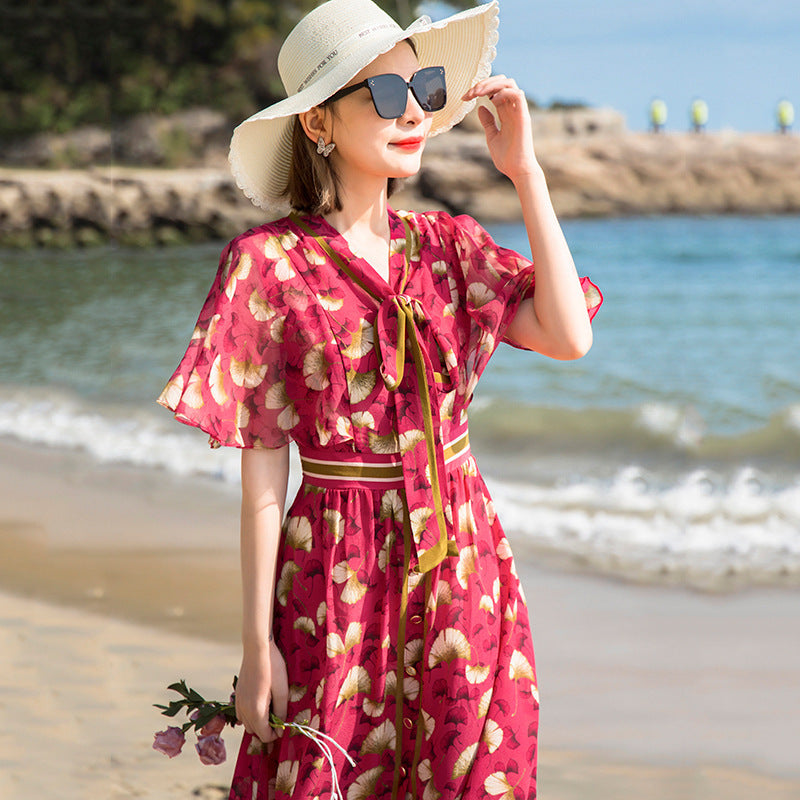 Silk Dress Female New French Style Elegant Floral Waist Silk A-line Long Skirt