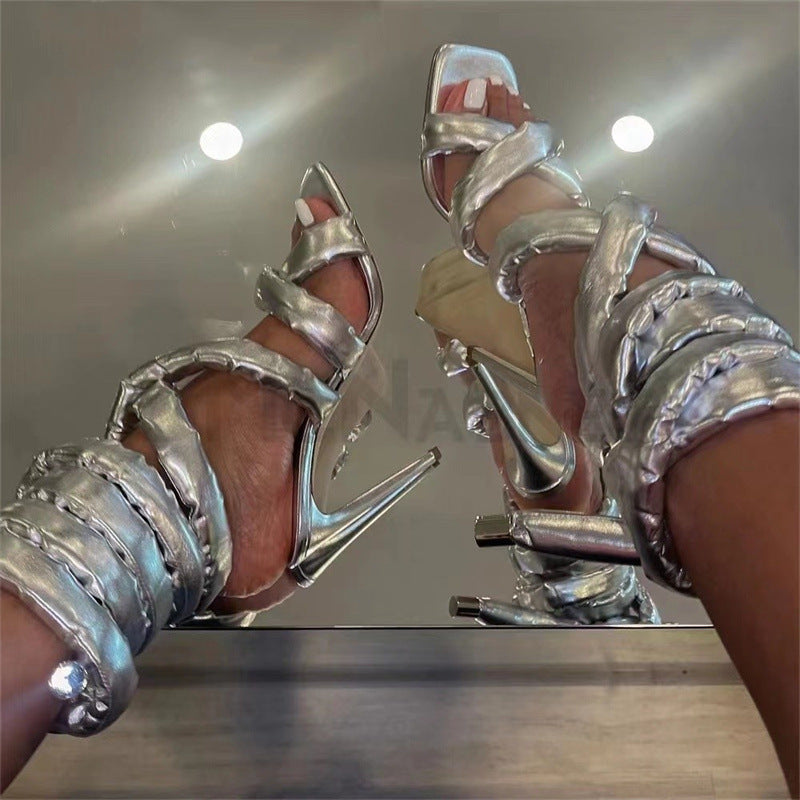 Square Toe Stiletto Heel Roman Cross Strap Catwalk Plus Size Sandals