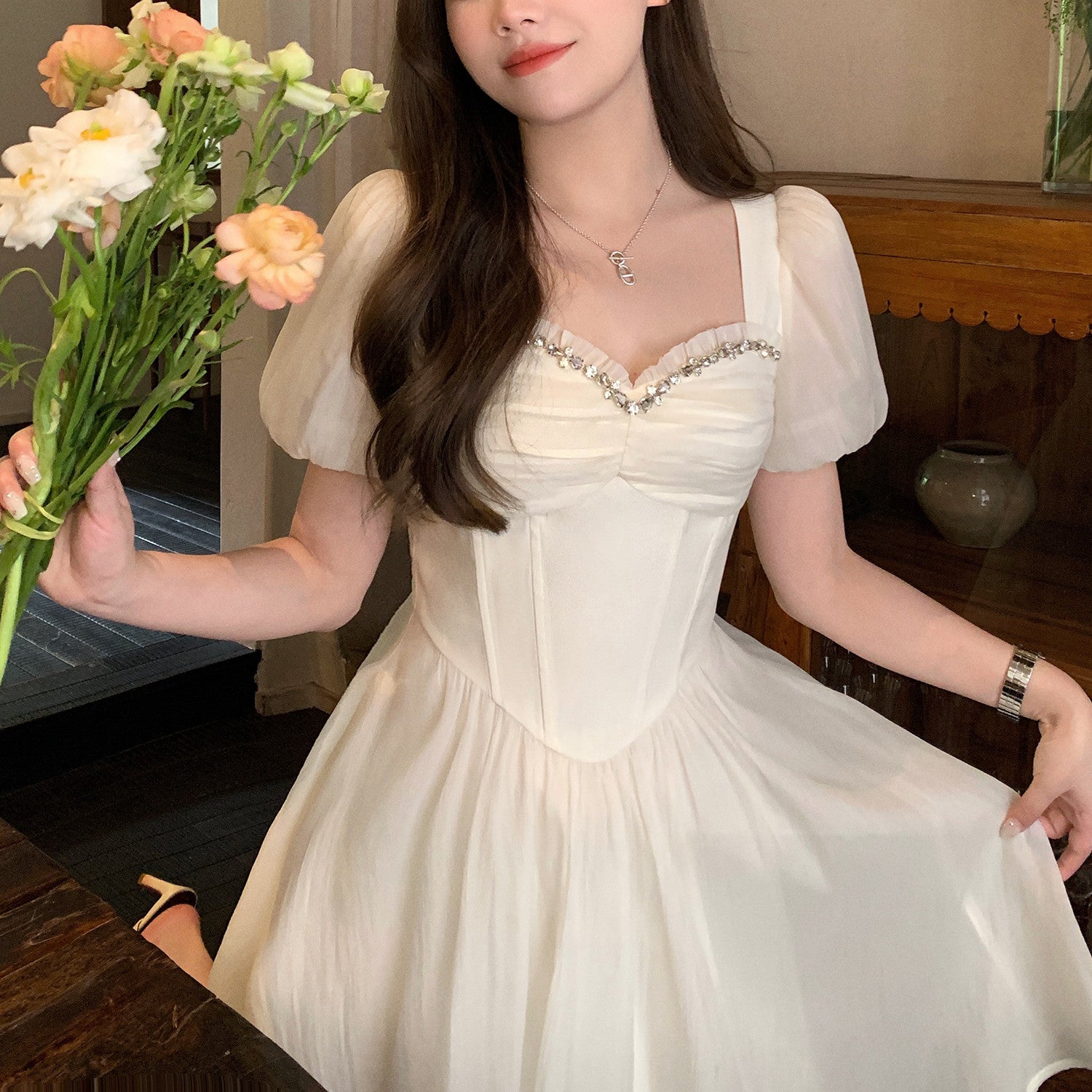 Women's Fashion Apricot Color Beaded Chiffon A-line Dress