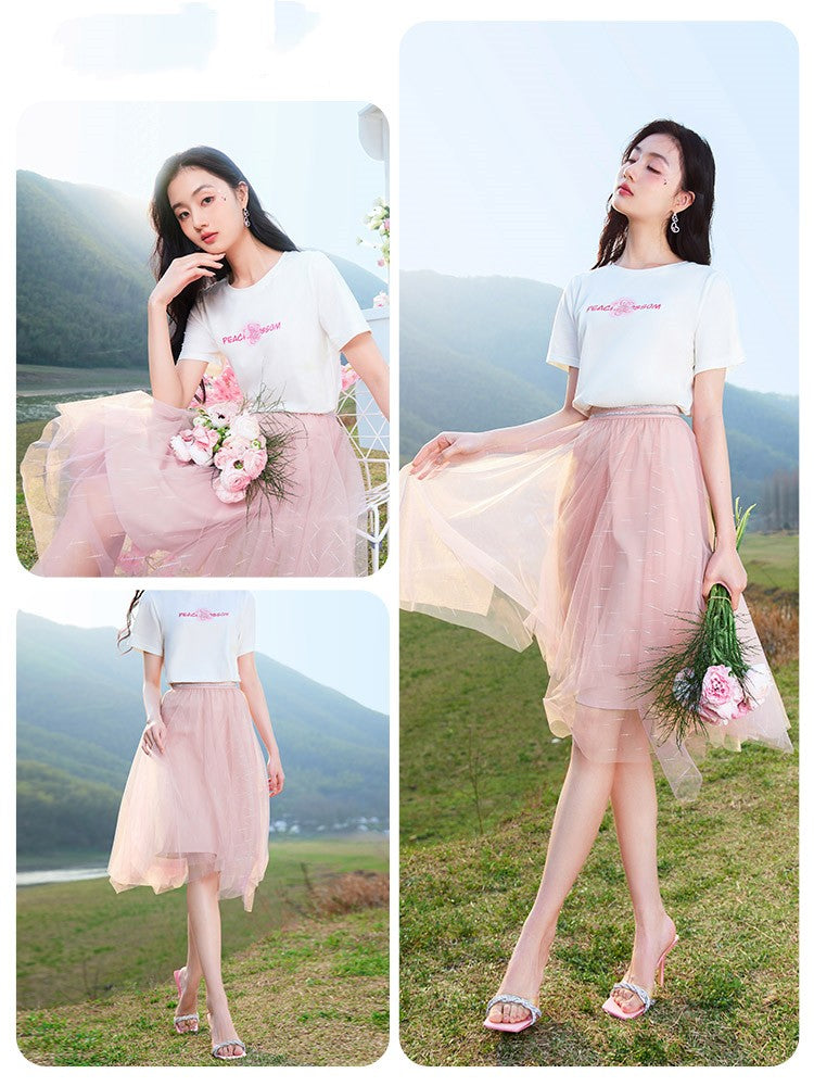 Super Fairy A-line Gauze Skirt High Waist Irregular Pink Fairy Mesh Gauze Skirt