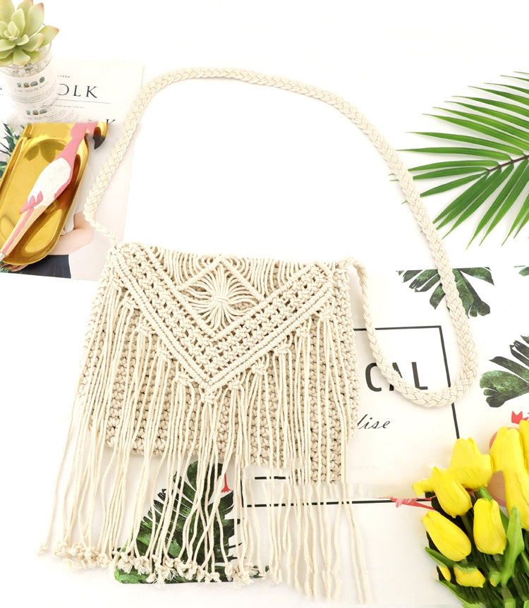Hand-tied Cotton Tassel Flip Straw One Shoulder Crossbody Woven Bag