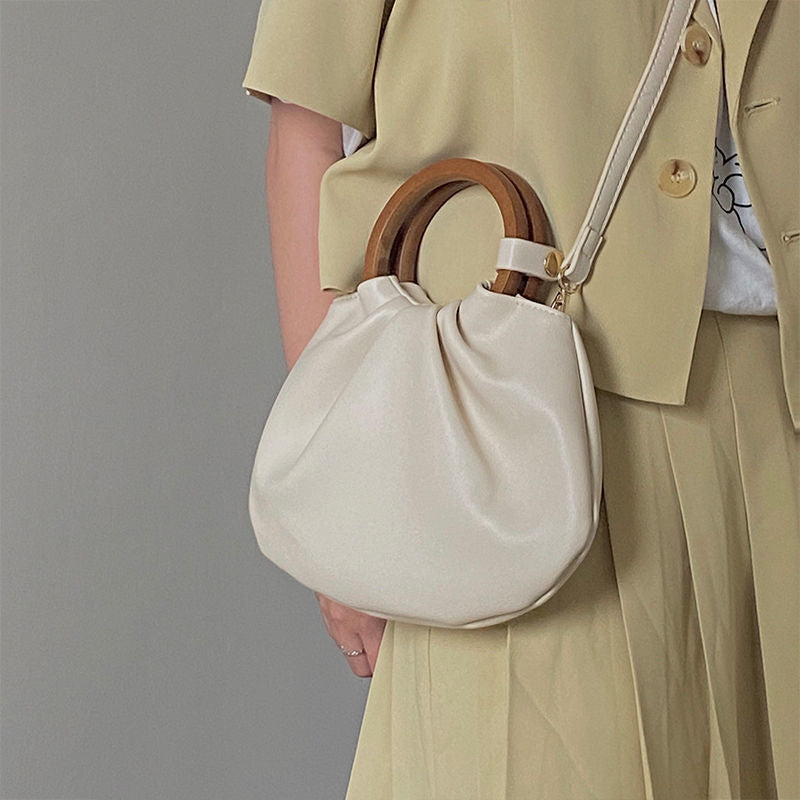 Wooden Handle Hand Holding Women's Shoulder Crossbody Wrinkled Bag
