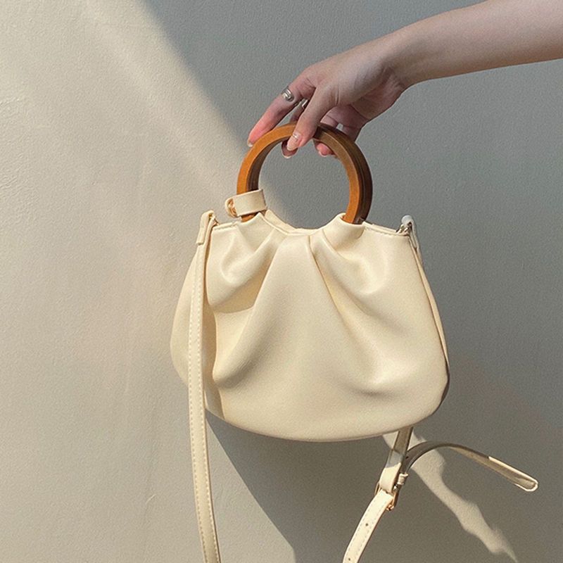 Wooden Handle Hand Holding Women's Shoulder Crossbody Wrinkled Bag