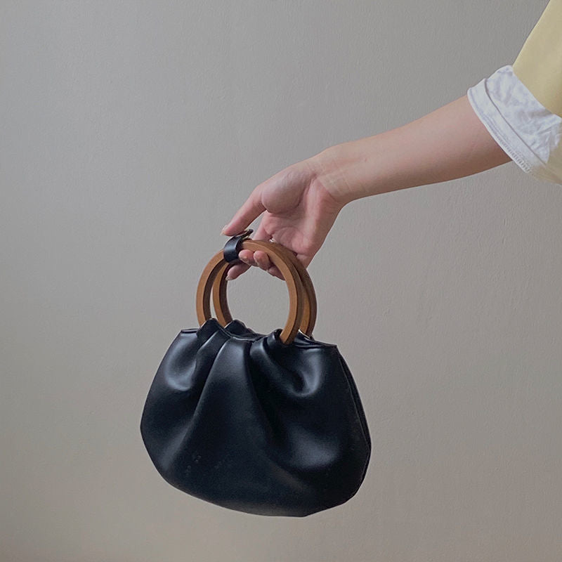 Wooden Handle Hand Holding Women's Shoulder Crossbody Wrinkled Bag