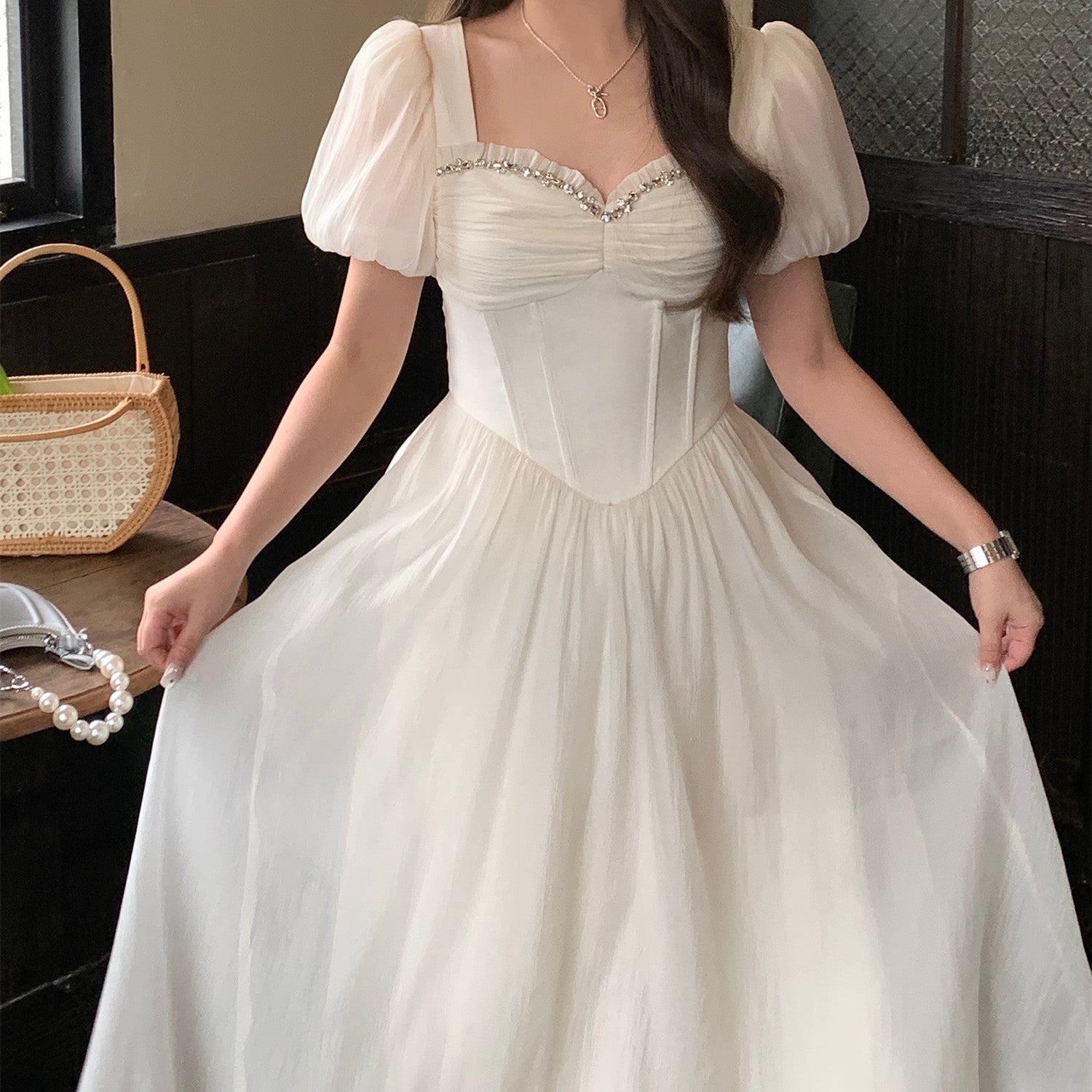Women's Fashion Apricot Color Beaded Chiffon A-line Dress