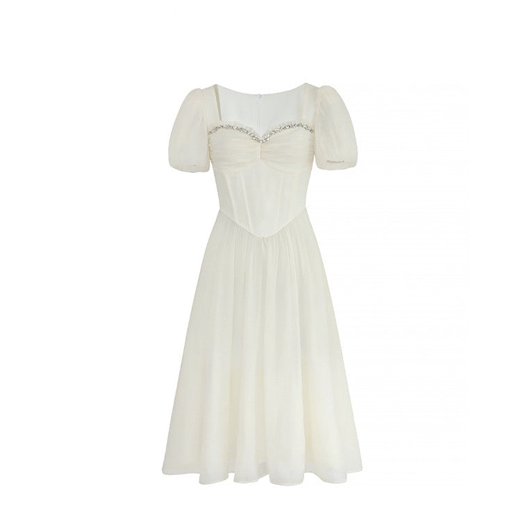 Women's Fashion Apricot Color Beaded Chiffon A-line Dress