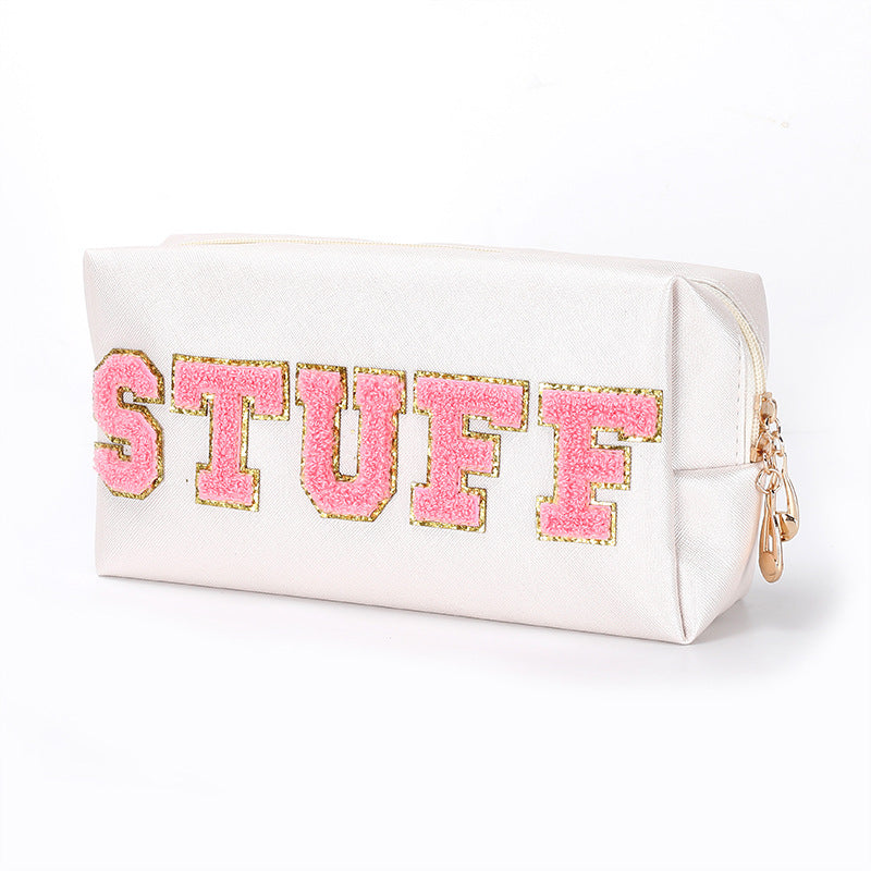 Colorful Chenille Five Letters Pu Waterproof Large Cosmetic Bag