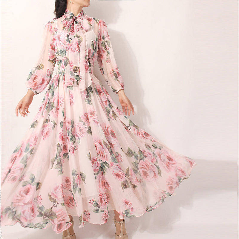 Dress With Rose Print Lantern Sleeves Tie With A Slim And Large Swing Chiffon Fairy Skirt Long Skirt