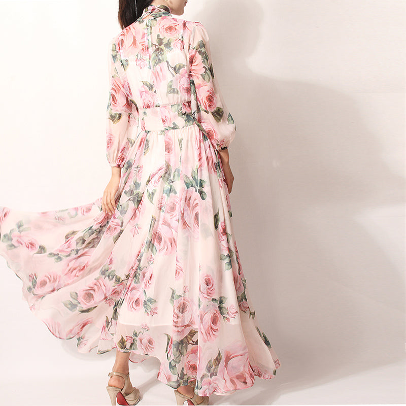 Dress With Rose Print Lantern Sleeves Tie With A Slim And Large Swing Chiffon Fairy Skirt Long Skirt