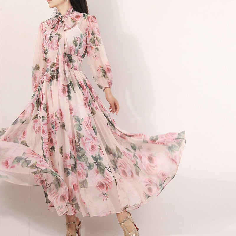 Dress With Rose Print Lantern Sleeves Tie With A Slim And Large Swing Chiffon Fairy Skirt Long Skirt