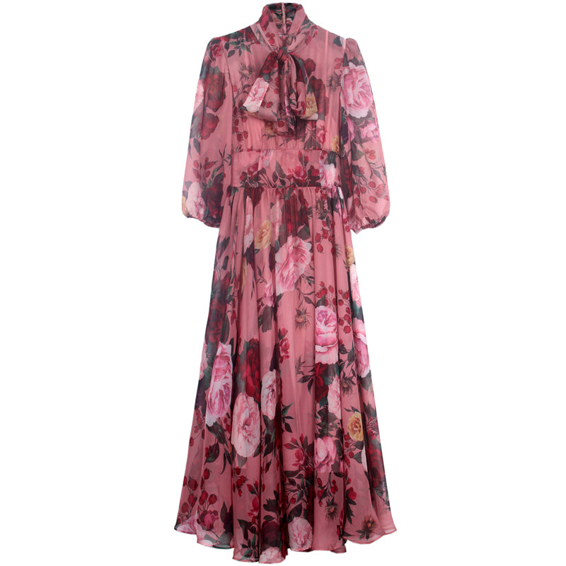 Dress With Rose Print Lantern Sleeves Tie With A Slim And Large Swing Chiffon Fairy Skirt Long Skirt