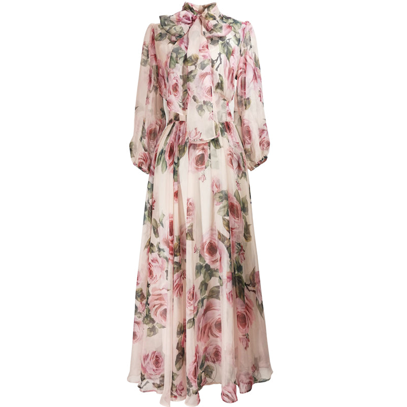 Dress With Rose Print Lantern Sleeves Tie With A Slim And Large Swing Chiffon Fairy Skirt Long Skirt