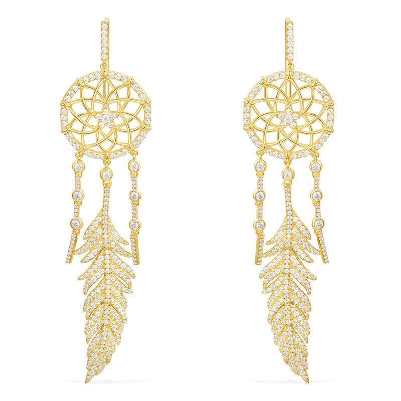 Sterling Silver Micro-Set Crystal Diamond A Meilong Version Exquisite Dream Catcher Earrings