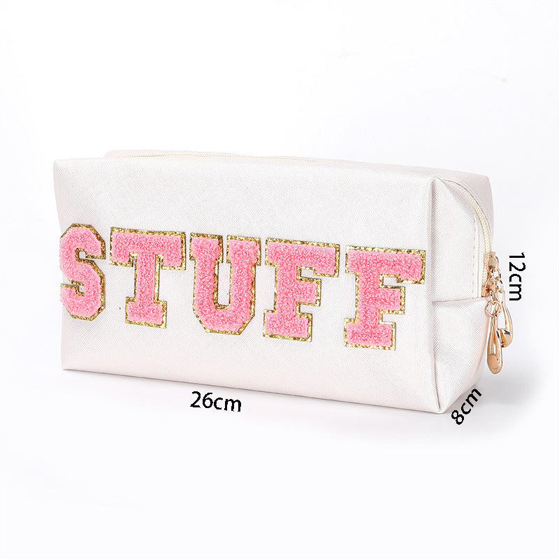 Colorful Chenille Five Letters Pu Waterproof Large Cosmetic Bag