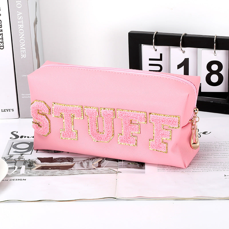 Colorful Chenille Five Letters Pu Waterproof Large Cosmetic Bag